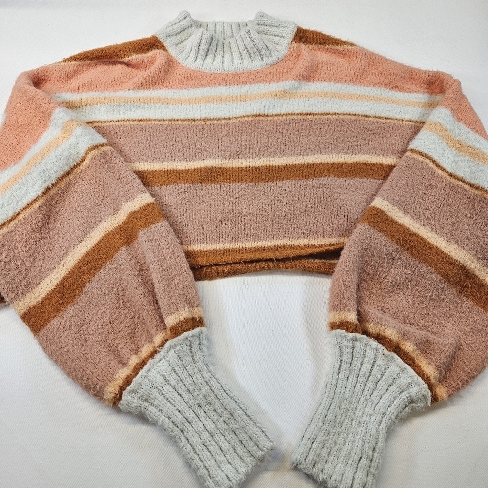 Free People Striped Cropped Sweater Multicolor Boho Cozy Knit Pullover Size XL